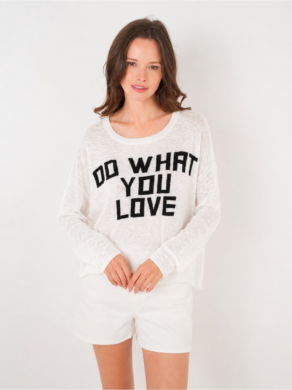 Stitch Drop âDo What You Loveâ White Graphic Knit Sweater